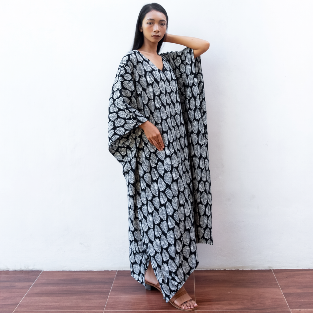 Block Print Kaftan Dress (Citrus Black) Resort Wear Lounge