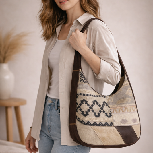 Bazo Upcycled Canvas Rug & Leather Shoulder Bag | Handmade