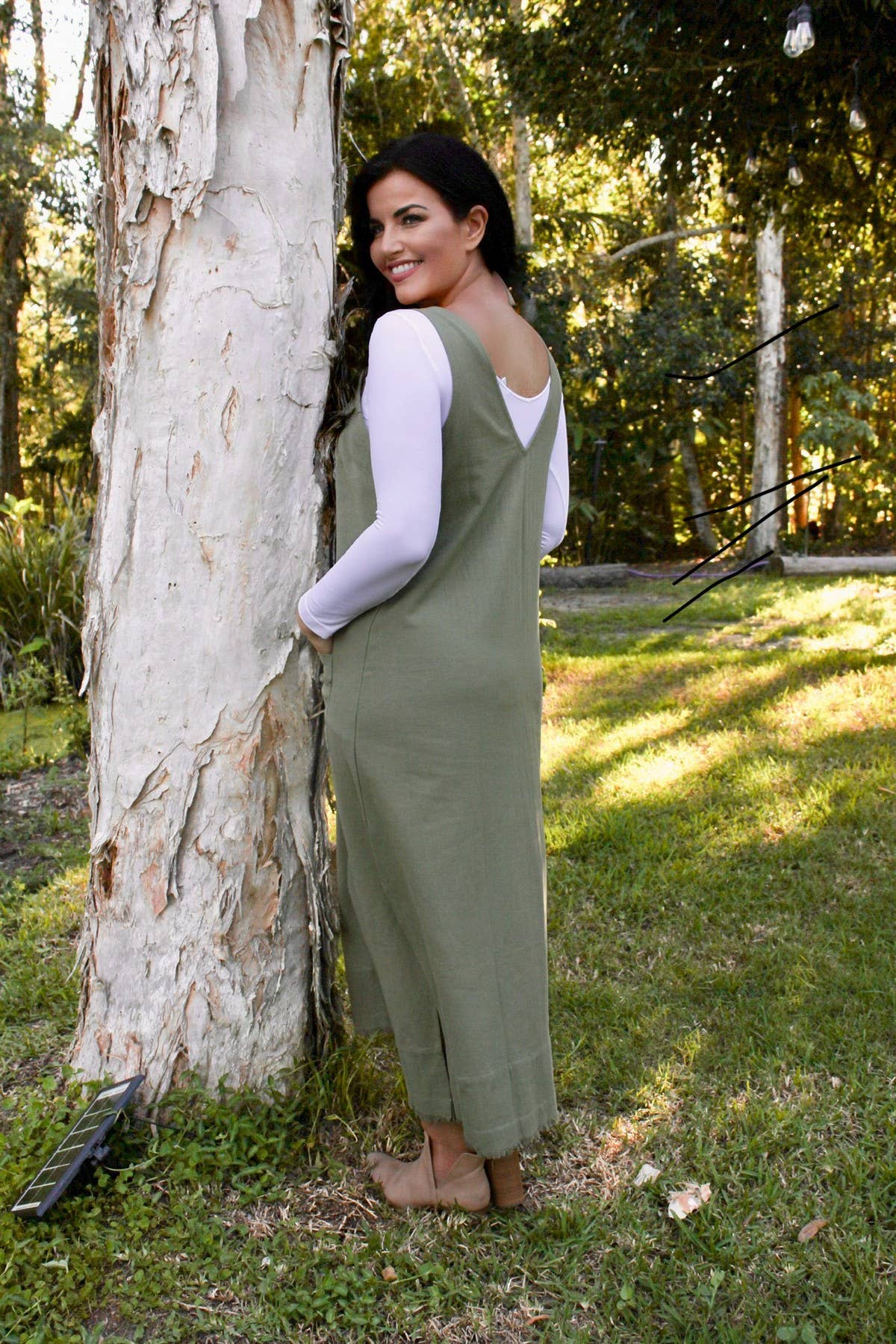 CHARLI - LONG PINAFORE DRESS - AVOCADO