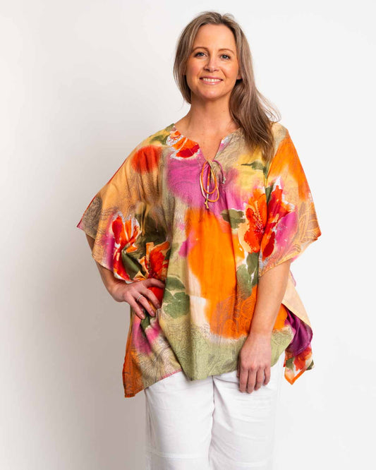 Too Easy Poncho Style V-Neck Top In Orange Pink