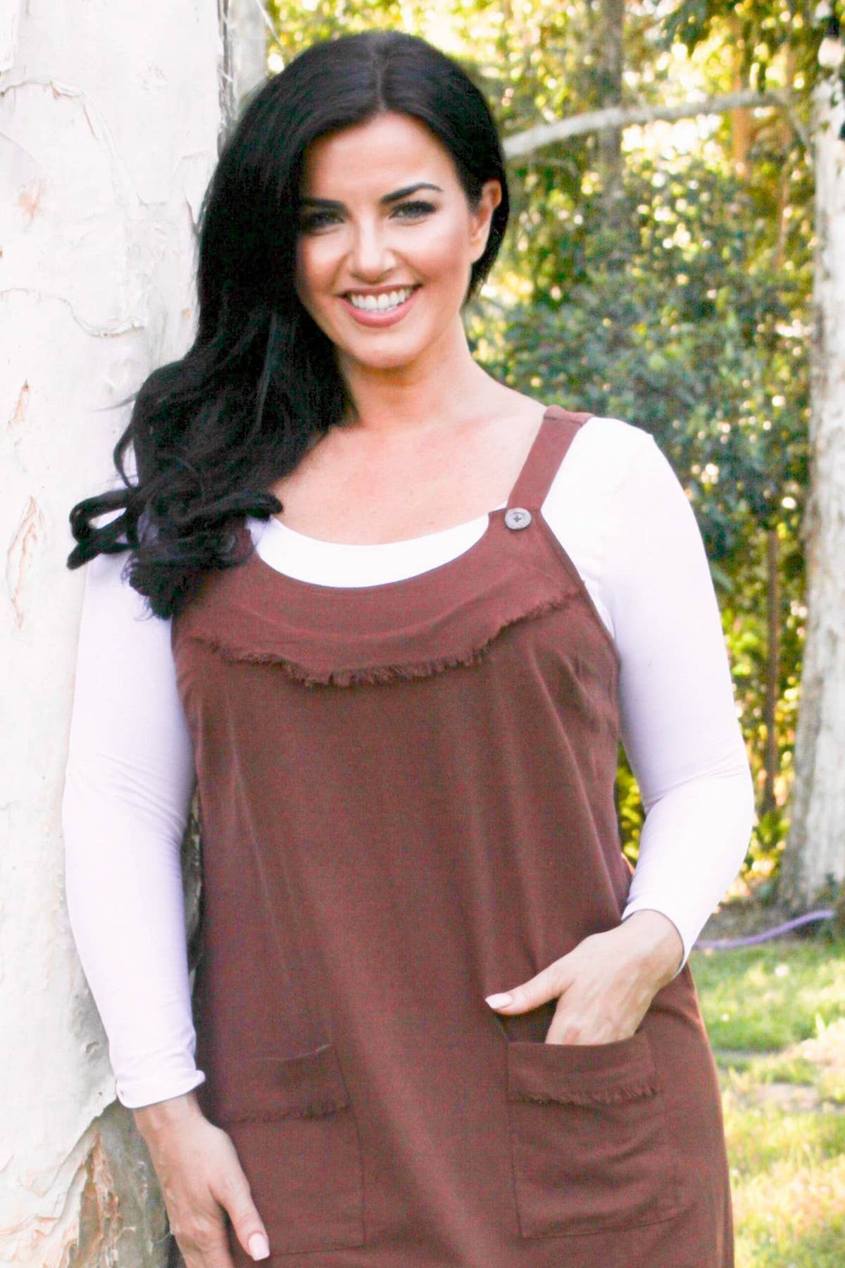 CHARLI - LONG PINAFORE DRESS - COCOA