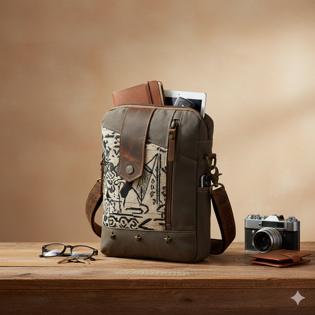 Fun Upcycled Canvas & Leather Crossbody Bag Handmade