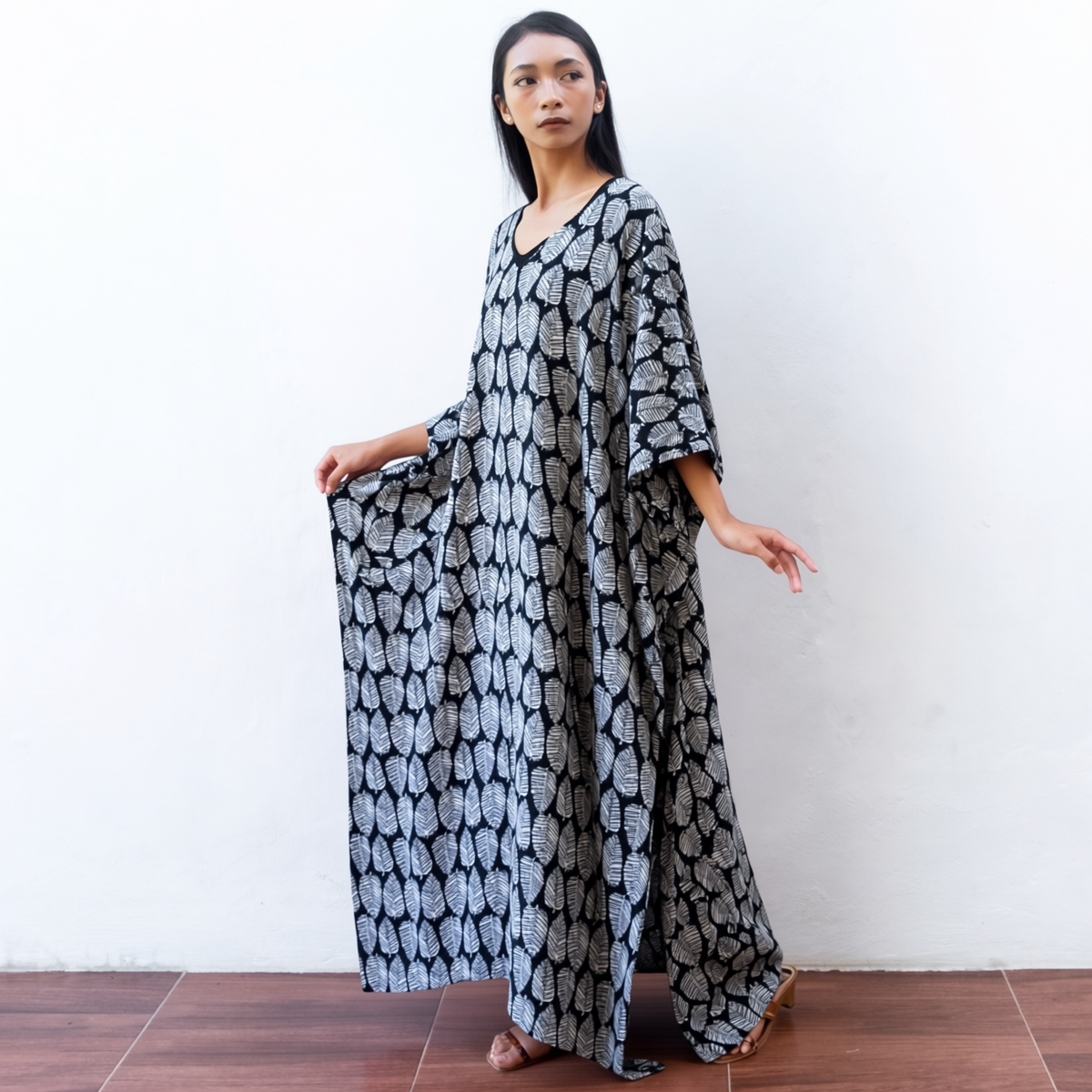 Block Print Kaftan Dress (Citrus Black) Resort Wear Lounge