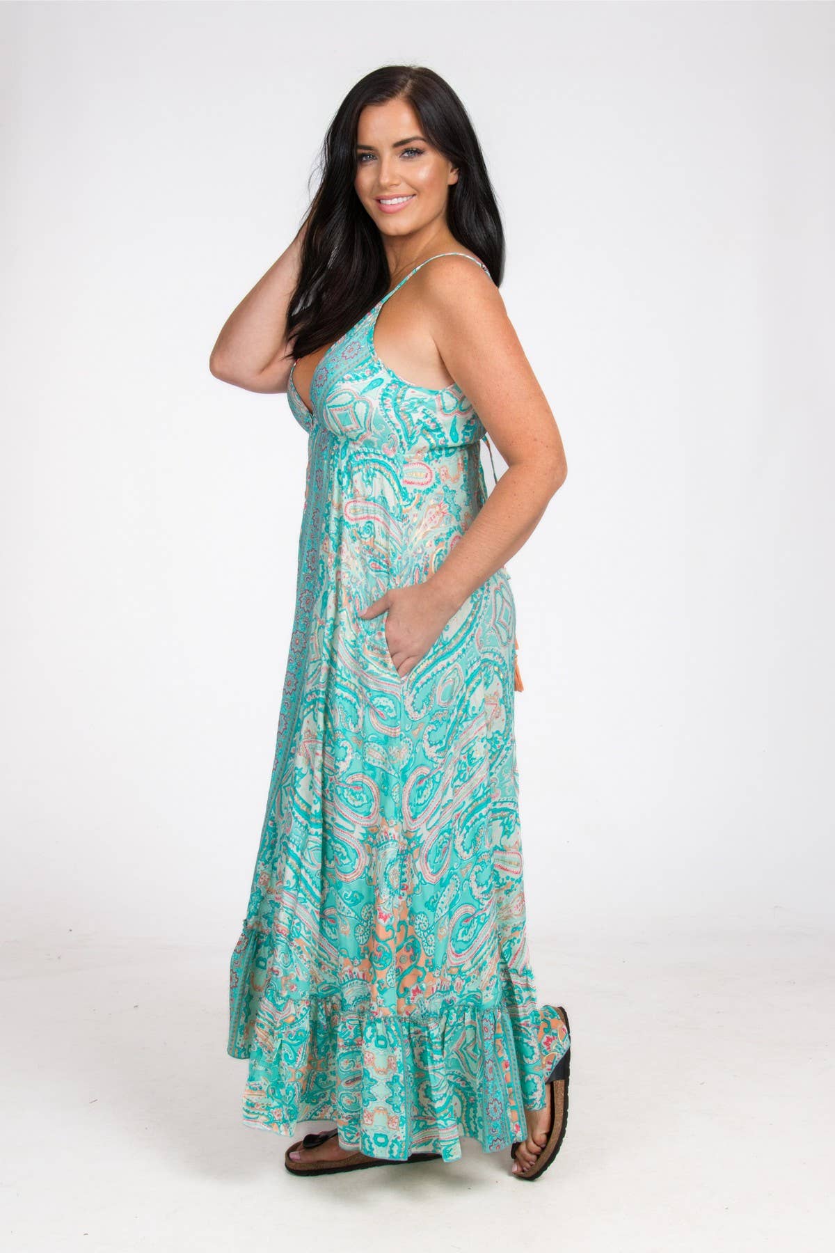 LONG STRAPPY SILK DRESS WITH POCKETS