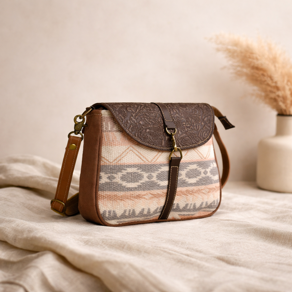 Art Upcycled Canvas & Leather Crossbody Bag | Handmade