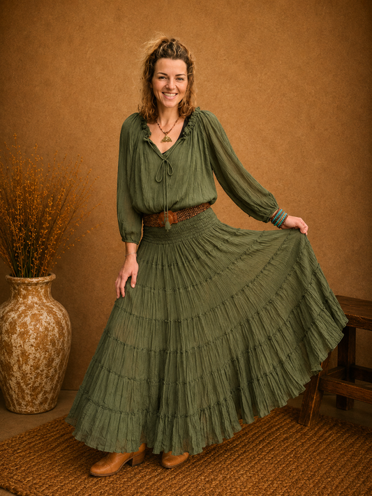 Boho Crinkle Cotton Tiered Skirt Khaki