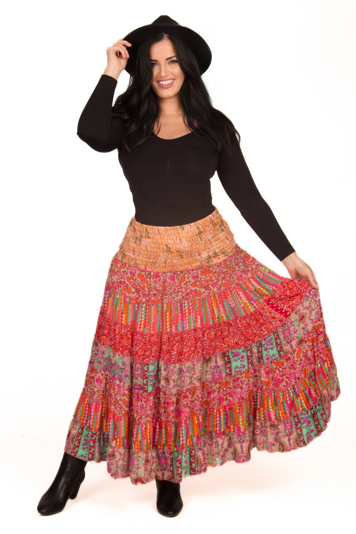 LONG SILK TIERED PEASANT SKIRT