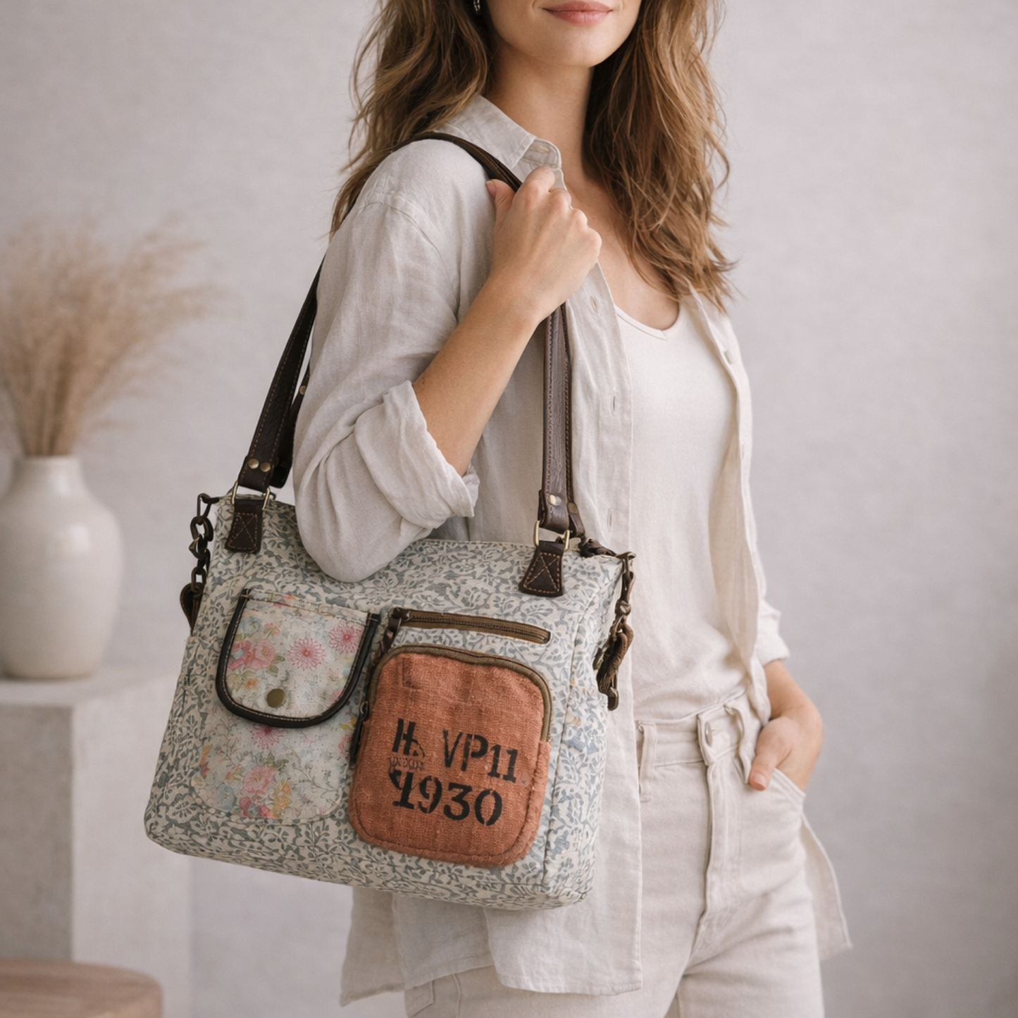 Habo Upcycled Canvas & Leather Messenger Bag | Handmade