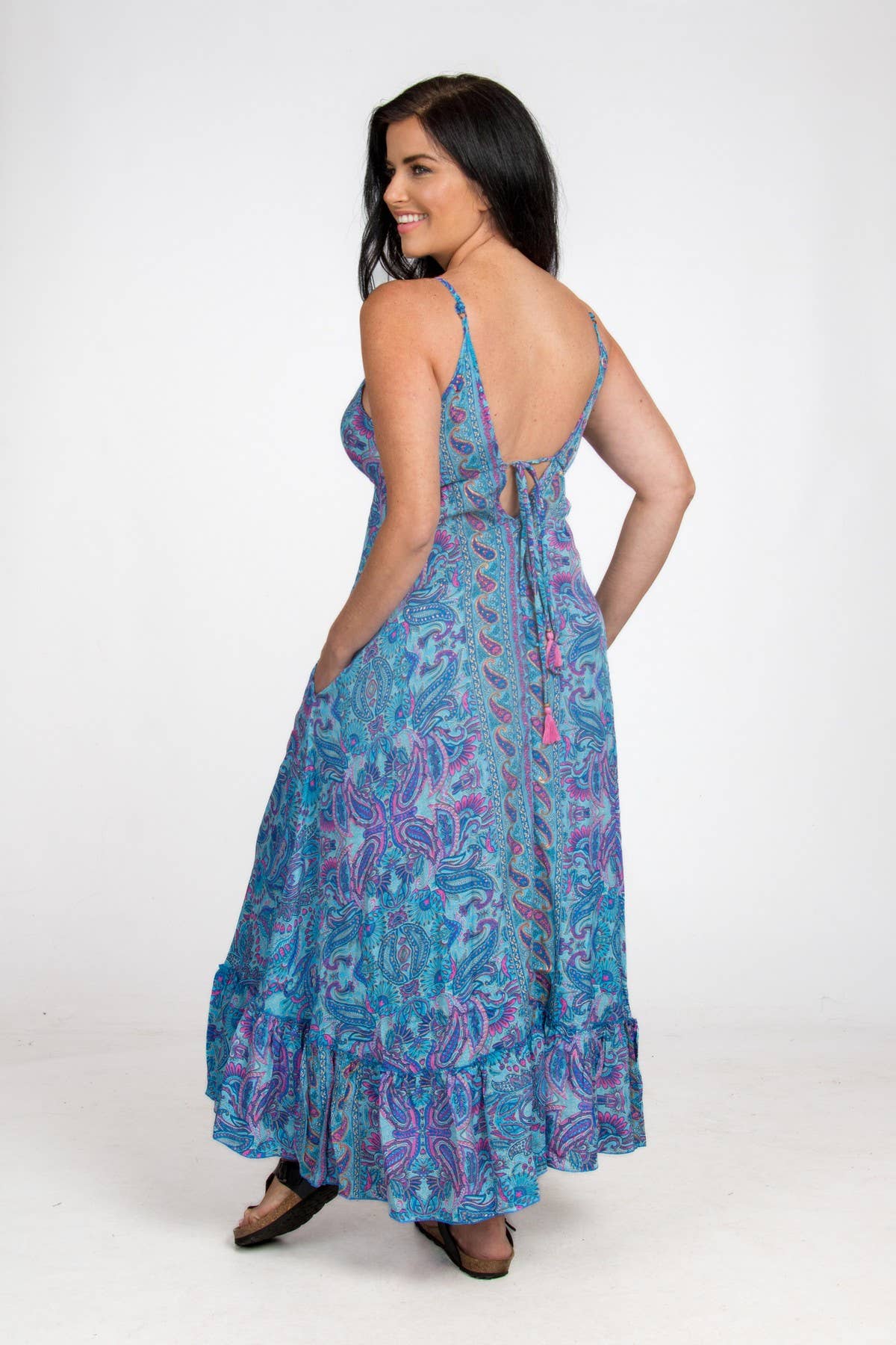 LONG STRAPPY SILK DRESS WITH POCKETS