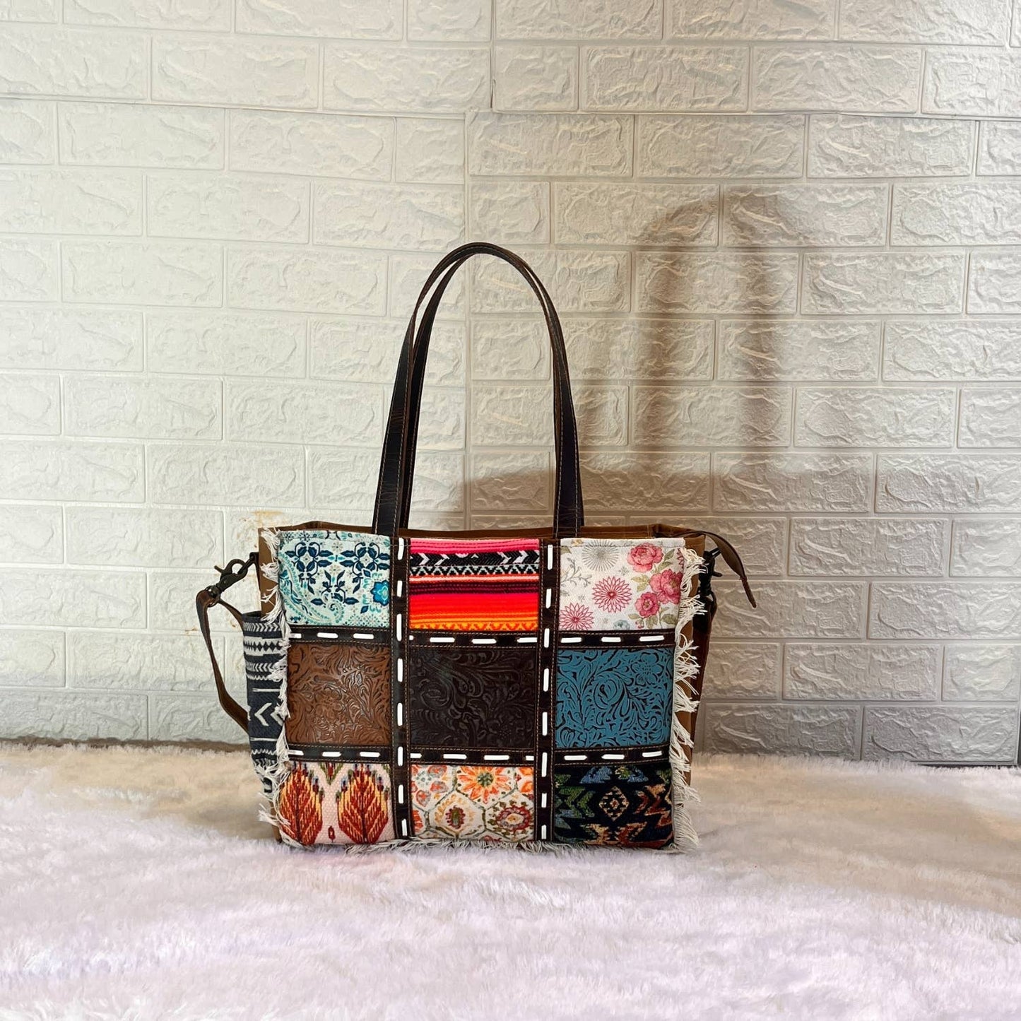 Multi Patch Upcycled Canvas & Leather Messenger Box Bag