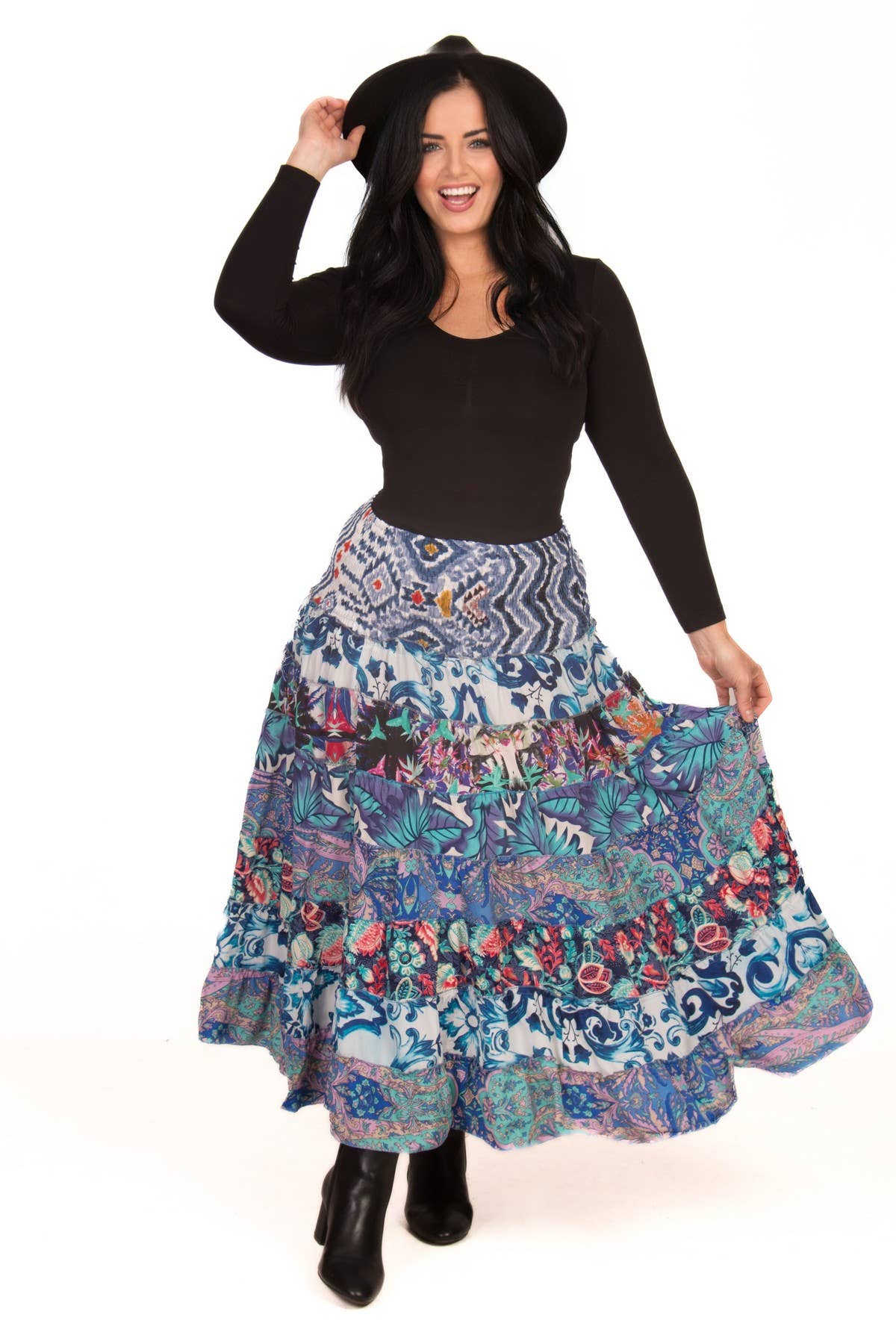 LONG SILK TIERED PEASANT SKIRT