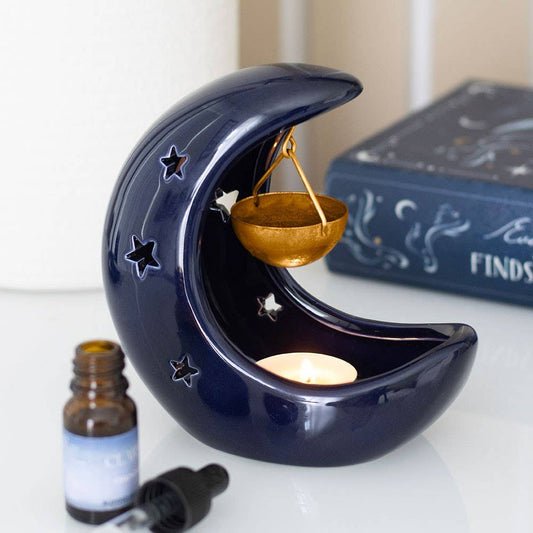 Blue Crescent Moon Hanging Ceramic Oil Burner with Metal Dis