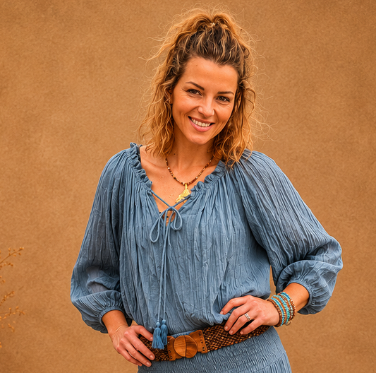 Boho Crinkle Peasant Top Blue