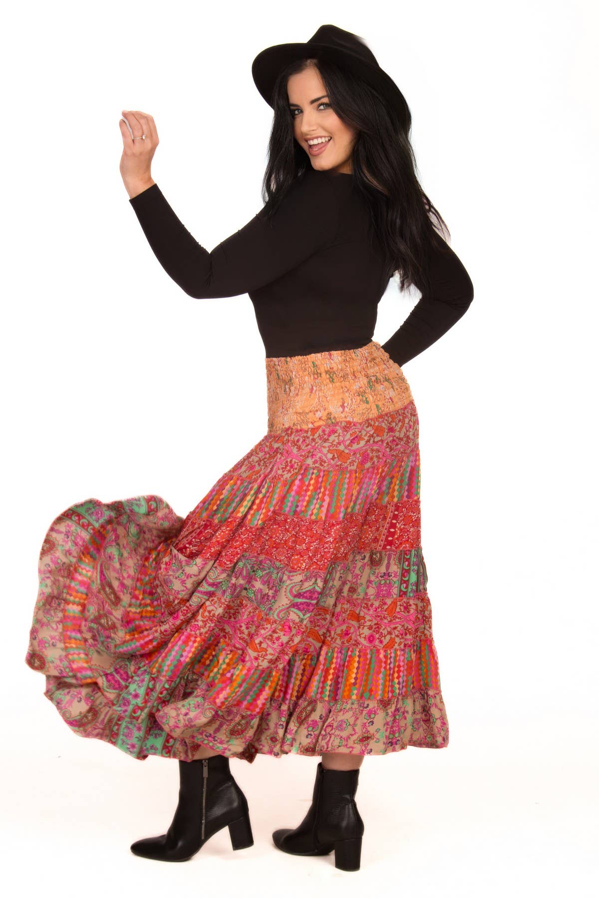 LONG SILK TIERED PEASANT SKIRT