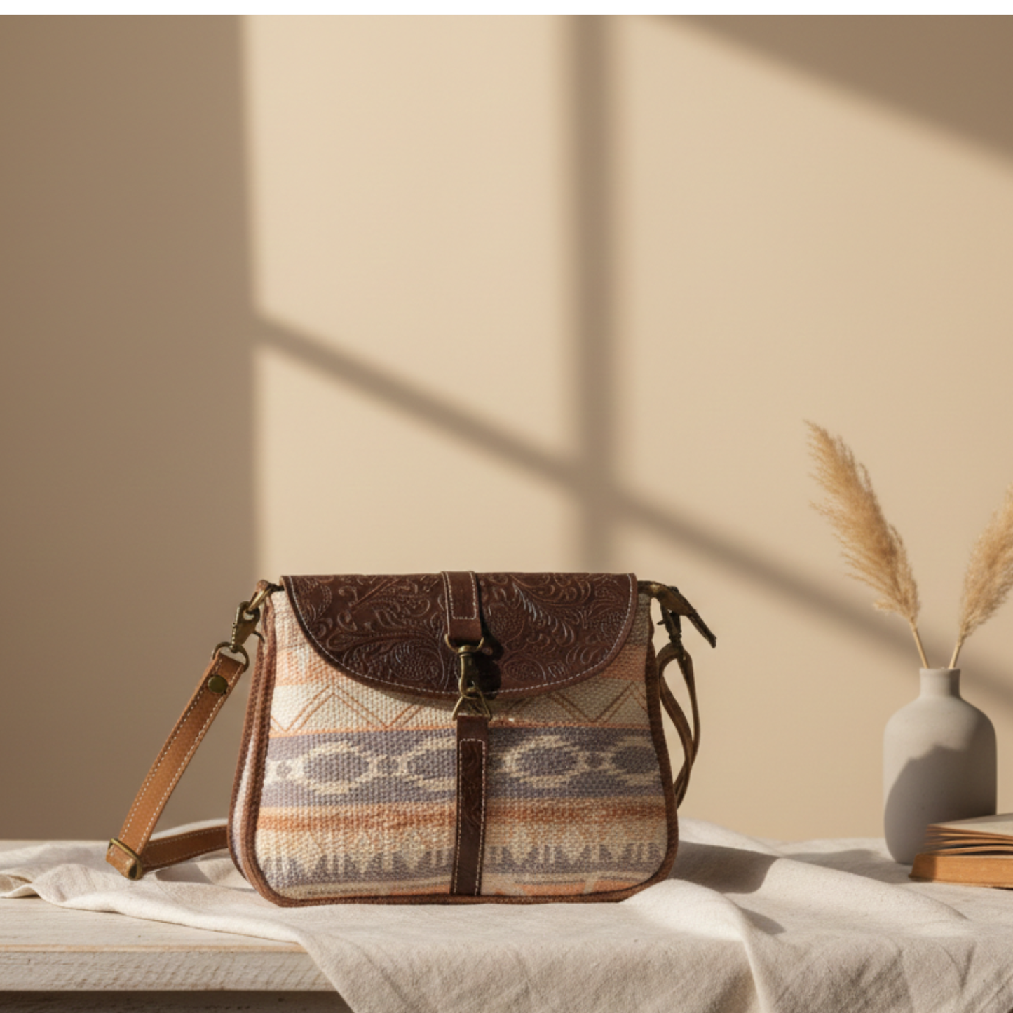 Art Upcycled Canvas & Leather Crossbody Bag | Handmade