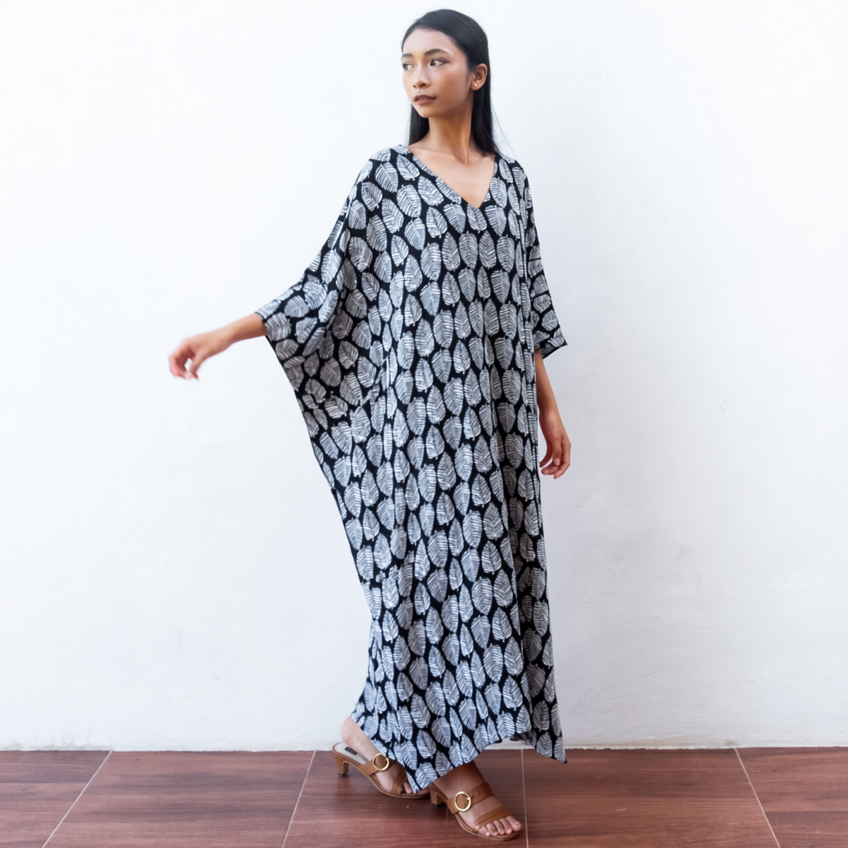 Block Print Kaftan Dress (Citrus Black) Resort Wear Lounge
