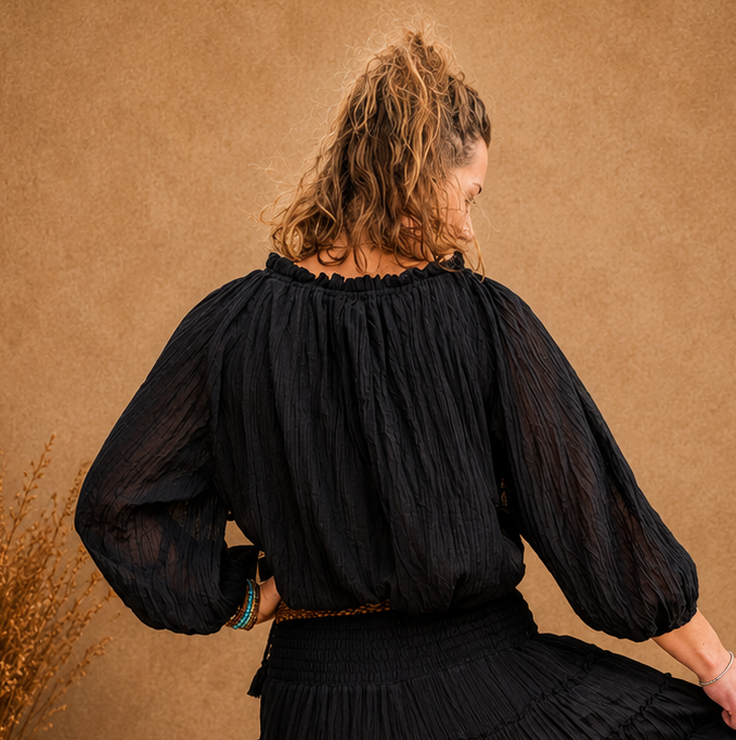 Boho Crinkle Peasant Top Black