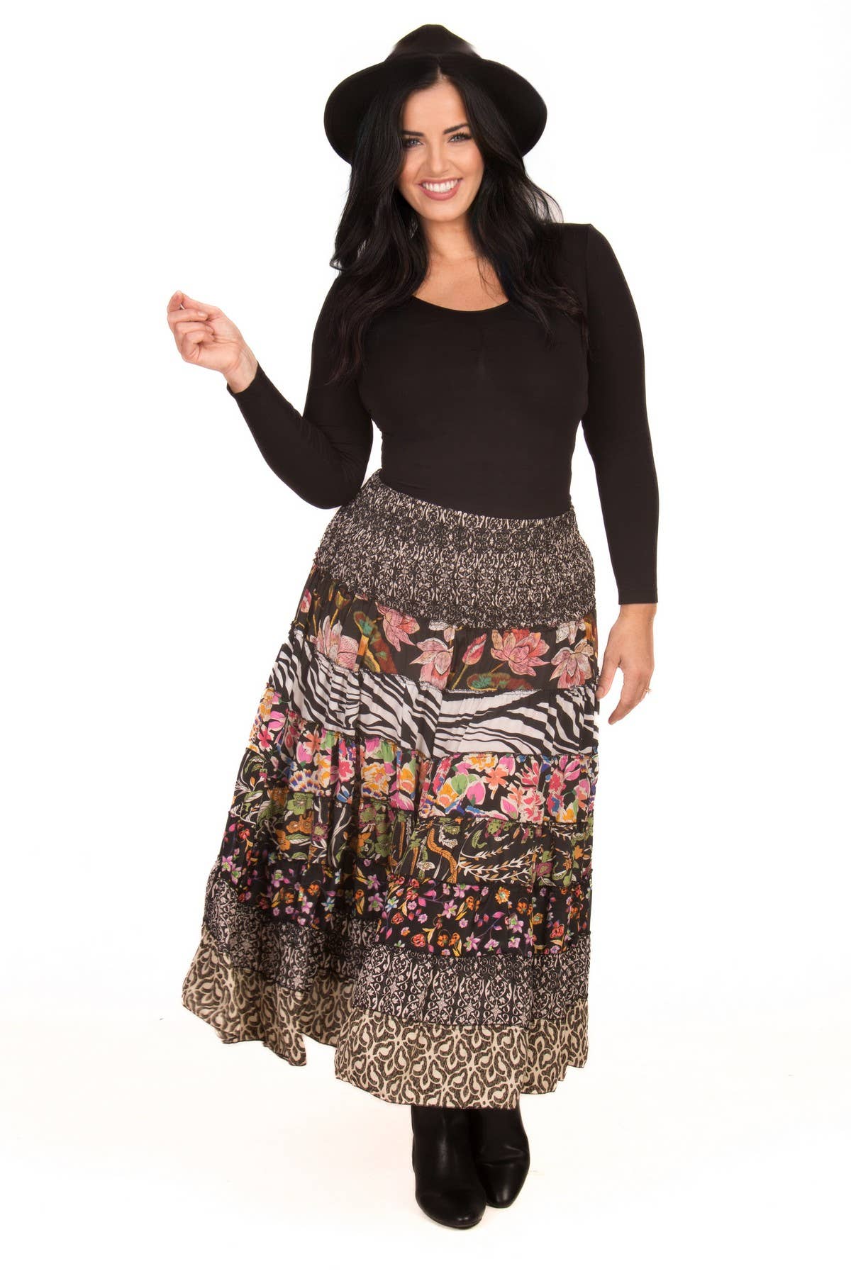 LONG SILK TIERED PEASANT SKIRT