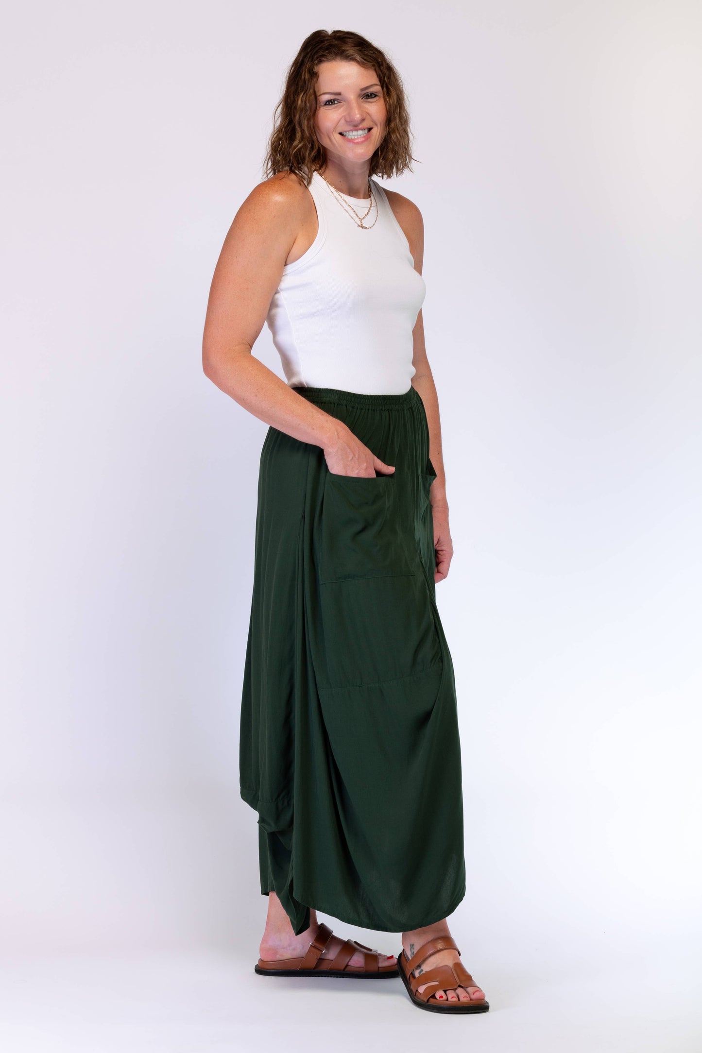 A-SYMETRICAL RAYON SKIRT - BOTTLE GREEN