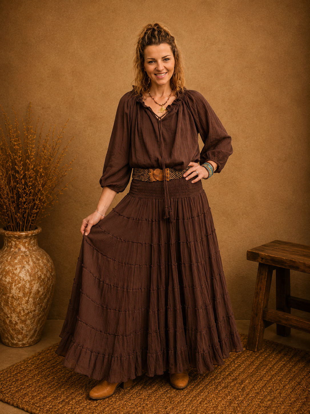 Boho Crinkle Cotton Tiered Skirt Chocolate