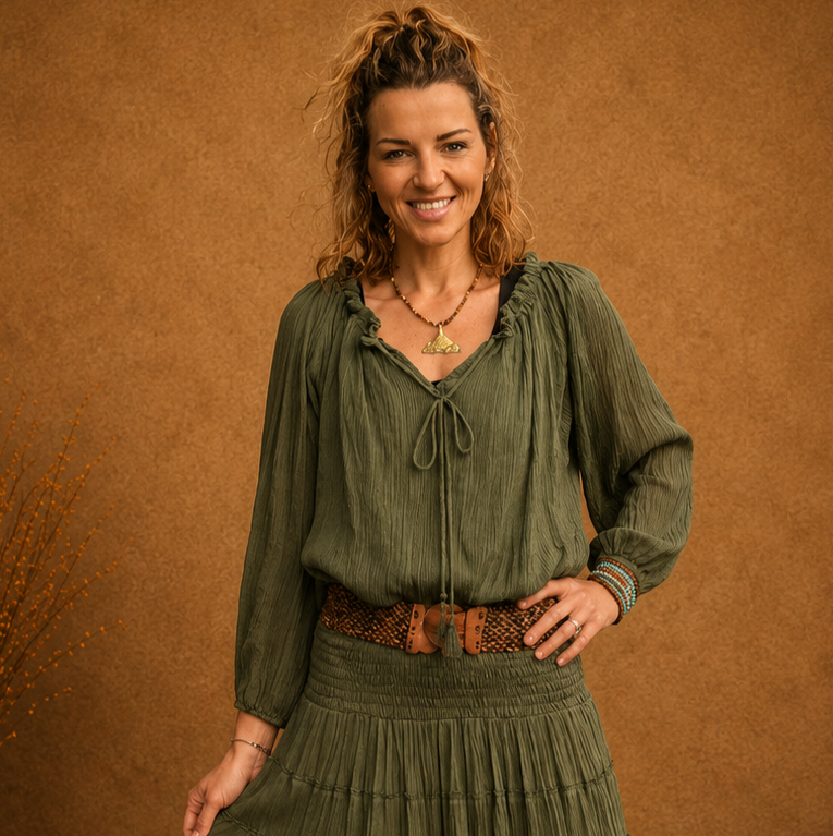 Boho Crinkle Peasant Top Khaki