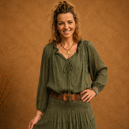Boho Crinkle Peasant Top Khaki