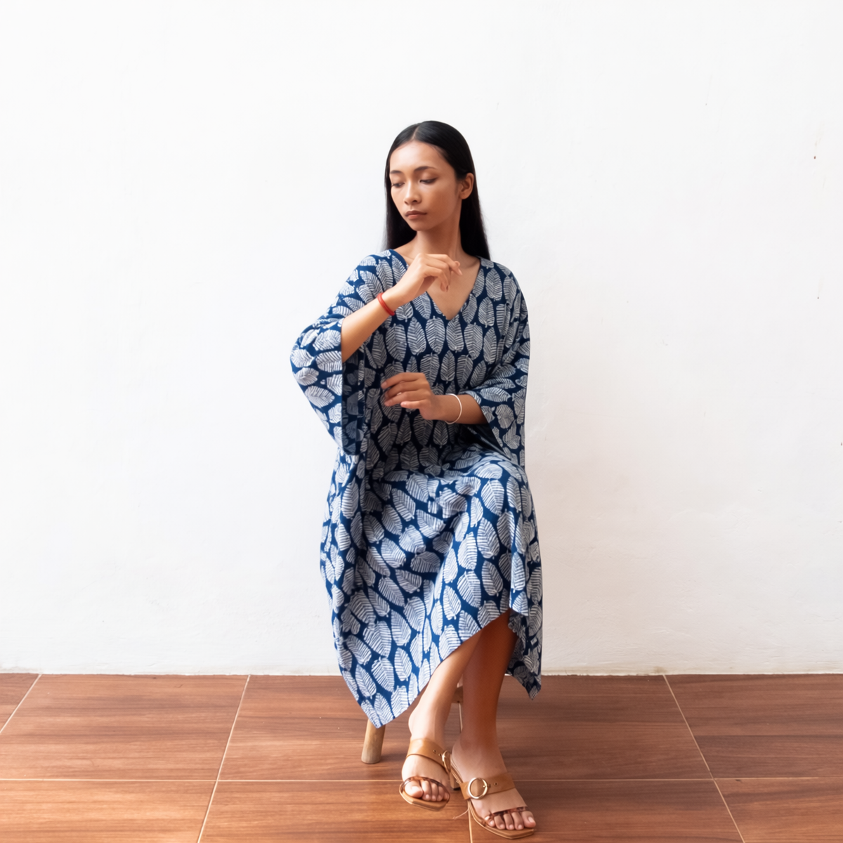 Block Print Short Kaftan Dress (Citrus Navy) Resort Wear