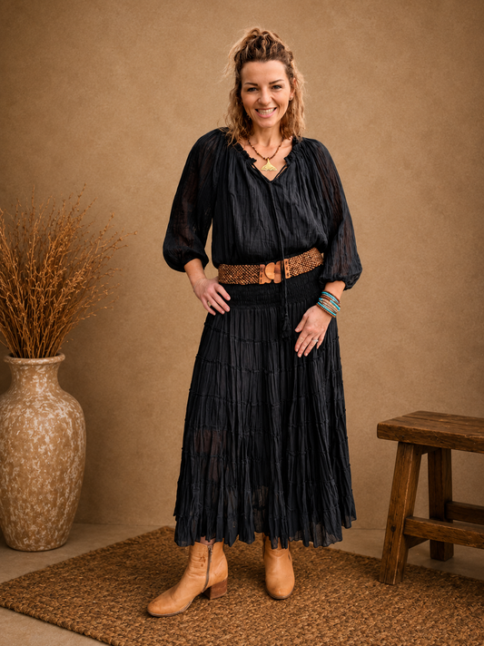 Boho Crinkle Cotton Tiered Skirt Black