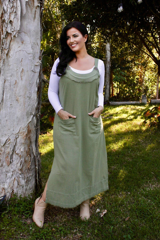 CHARLI - LONG PINAFORE DRESS - AVOCADO