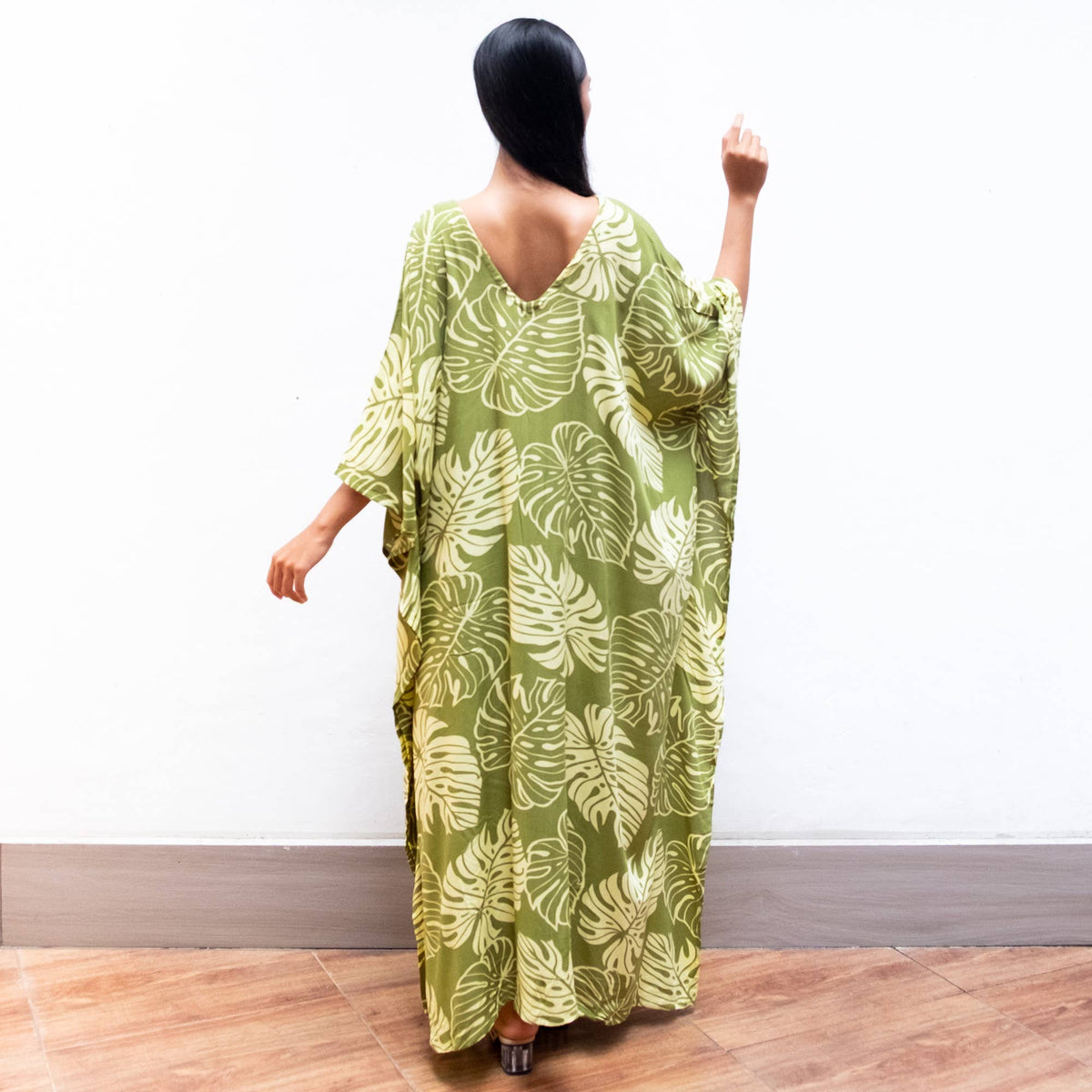 Block Print Kaftan Dress (Monstera Green) Resort Wear Lounge