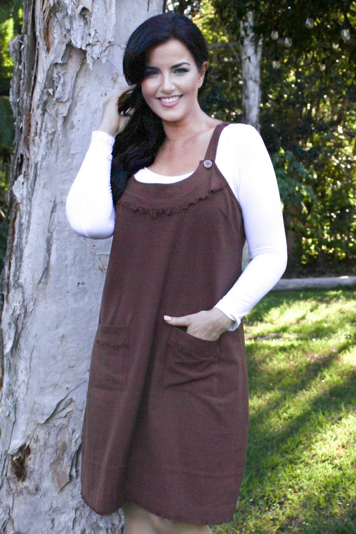 GINA - MIDI PINAFORE DRESS - COCOA