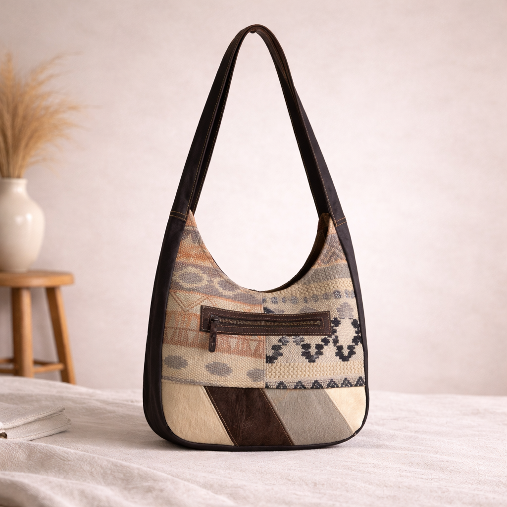 Bazo Upcycled Canvas Rug & Leather Shoulder Bag | Handmade