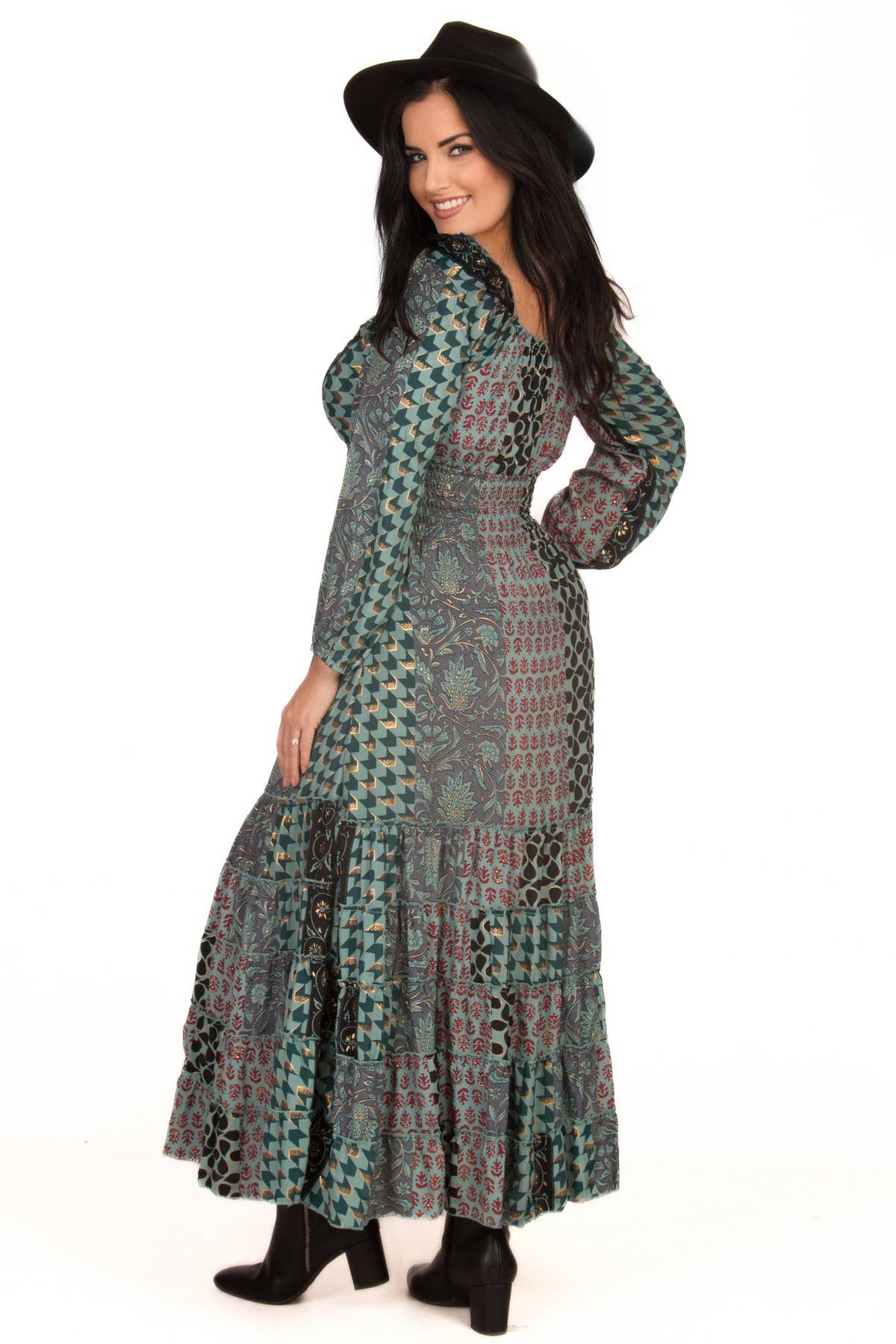 SILK GODDESS DRESS WITH LONG SLEEVES - TEAL