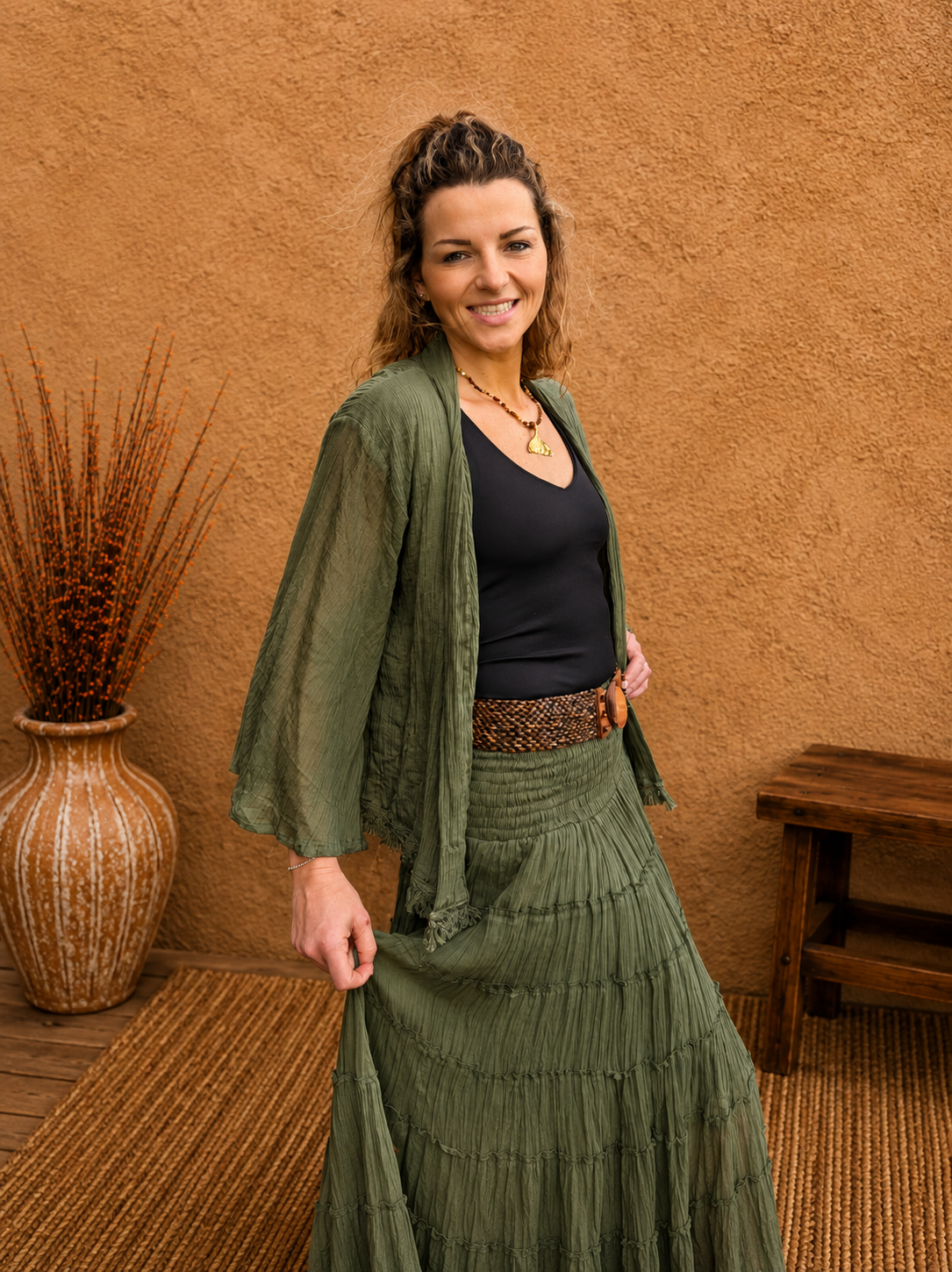 Boho Crinkle Cotton Jacket Green