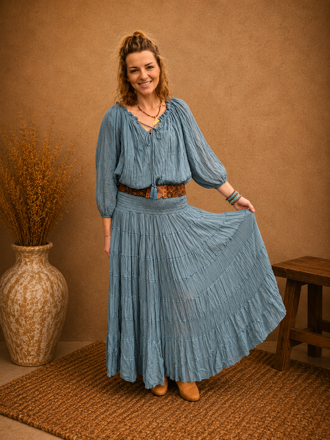 Boho Crinkle Cotton Tiered Skirt Blue
