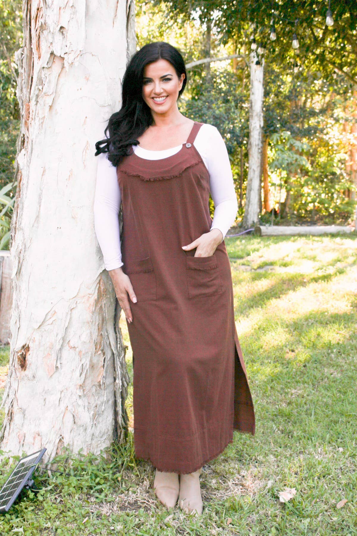 CHARLI - LONG PINAFORE DRESS - COCOA