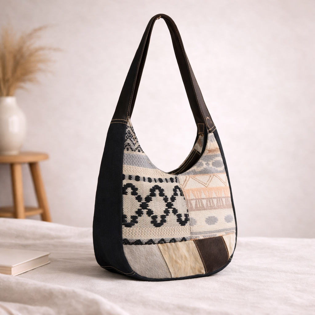 Bazo Upcycled Canvas Rug & Leather Shoulder Bag | Handmade