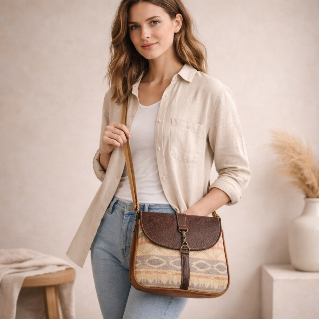 Art Upcycled Canvas & Leather Crossbody Bag | Handmade