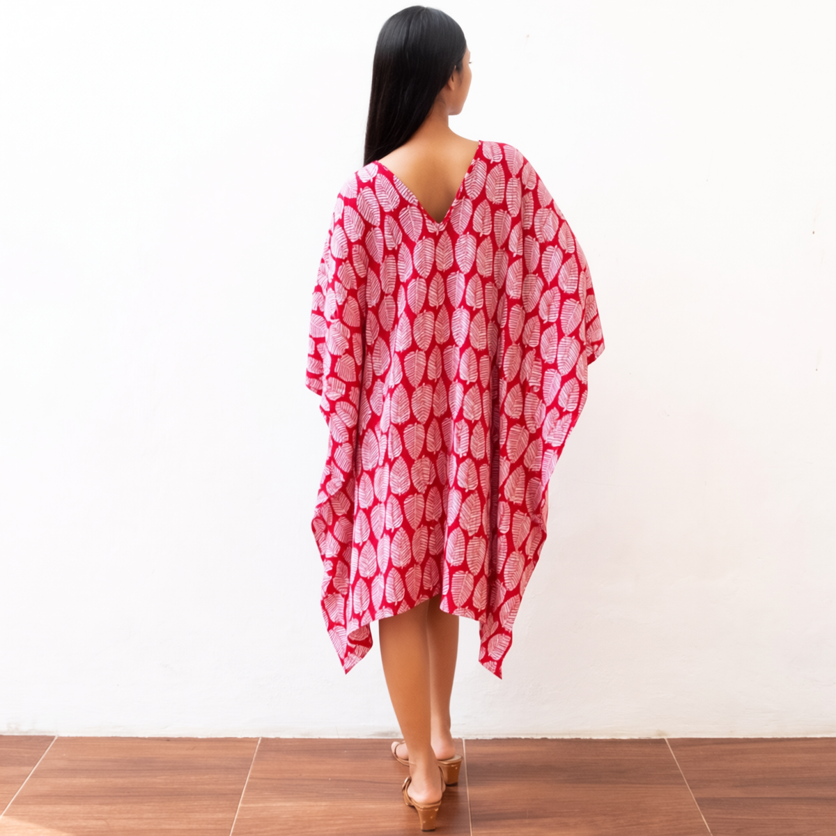 Block Print Short Kaftan Dress (Citrus Red) Sun Resort Wear