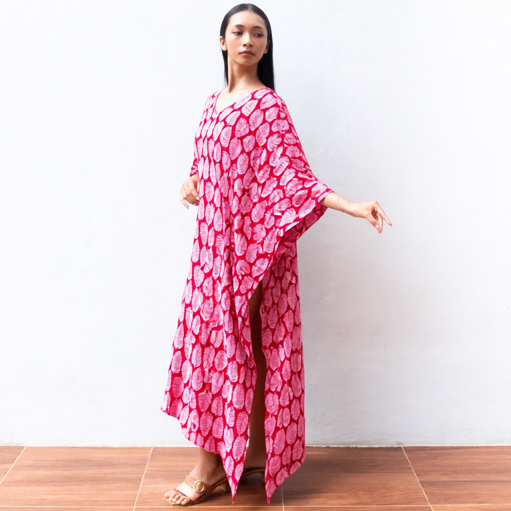 Block Print Kaftan Dress (Citrus Red) Sun Resort Wear Lounge