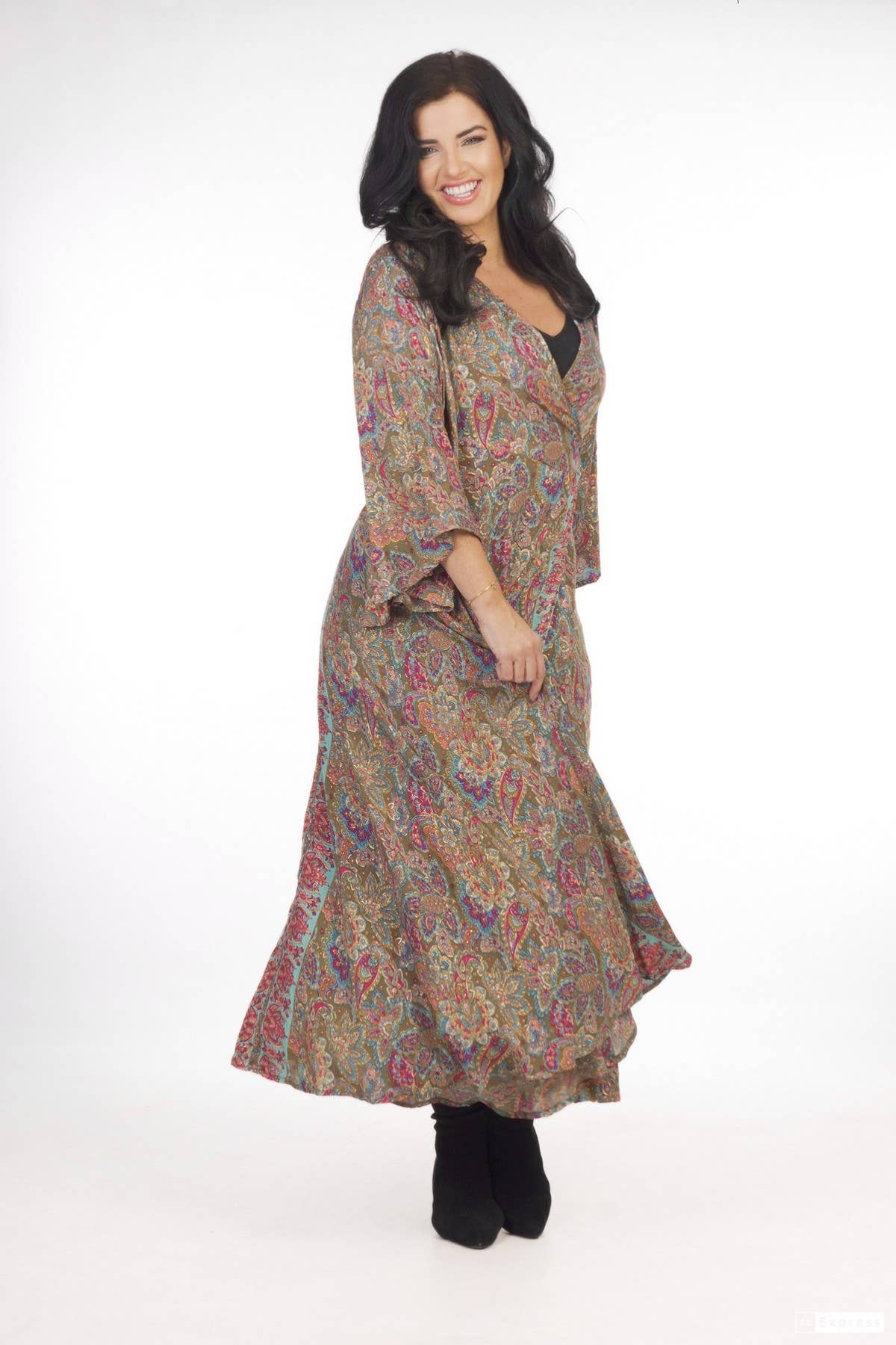 SILK WRAP AROUND DRESS - SAGE/GOLD
