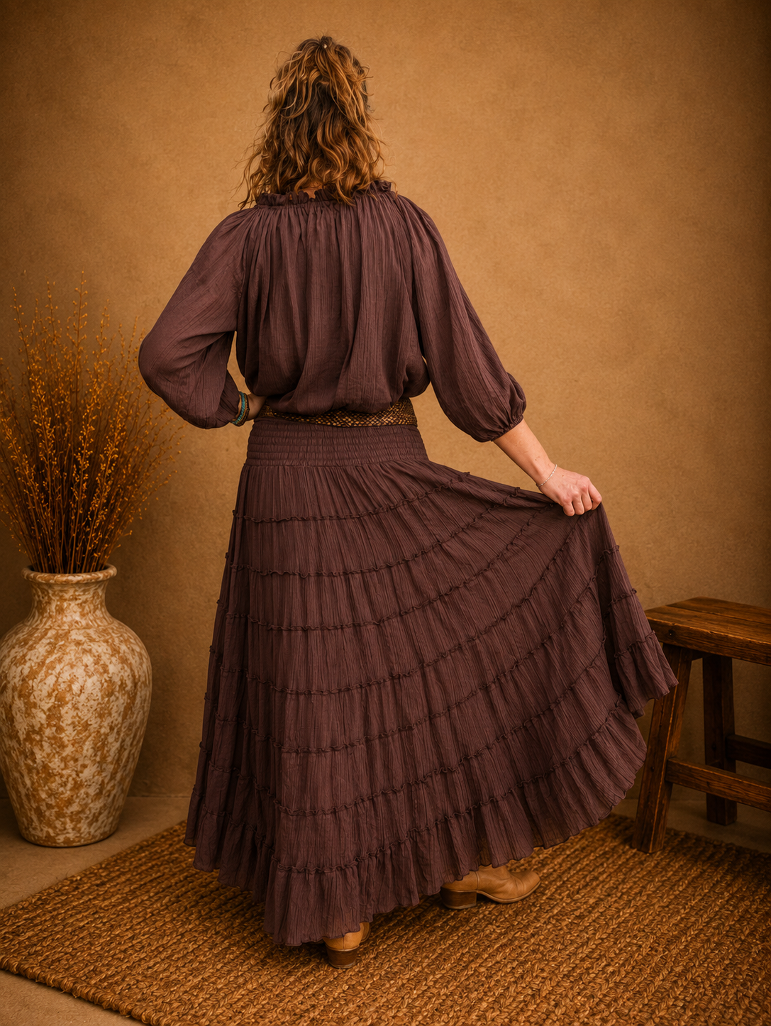 Boho Crinkle Cotton Tiered Skirt Chocolate