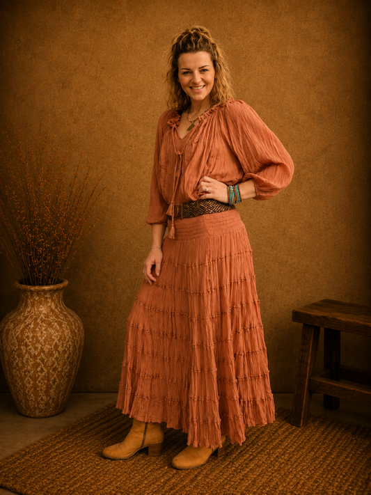 Boho Crinkle Cotton Tiered Skirt Rust