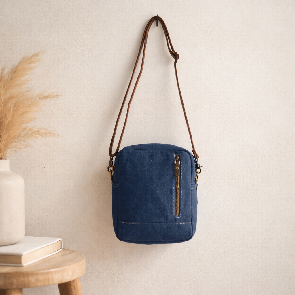 Dezy Upcycled Canvas & Leather Crossbody Bag Handmade