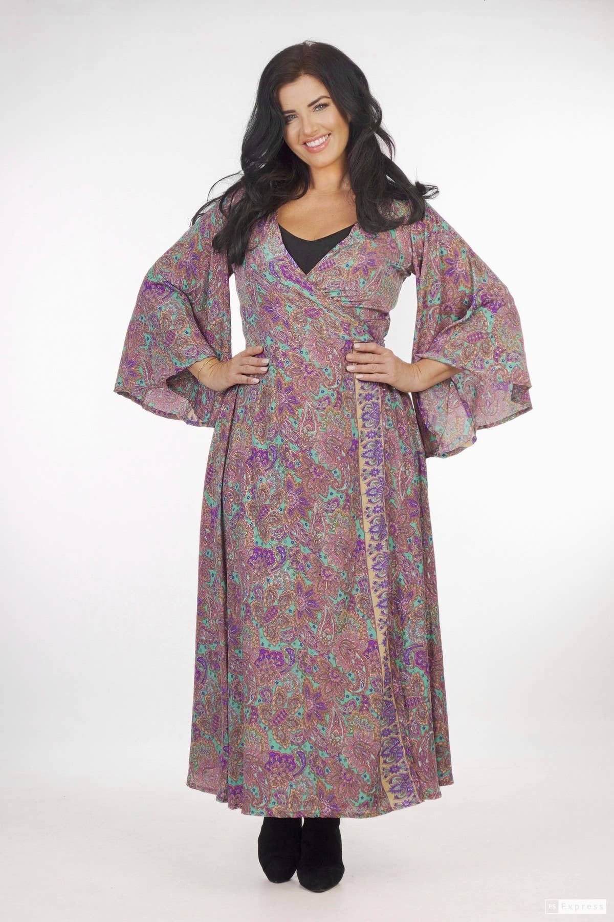 SILK WRAP AROUND DRESS - PURPLE/GOLD