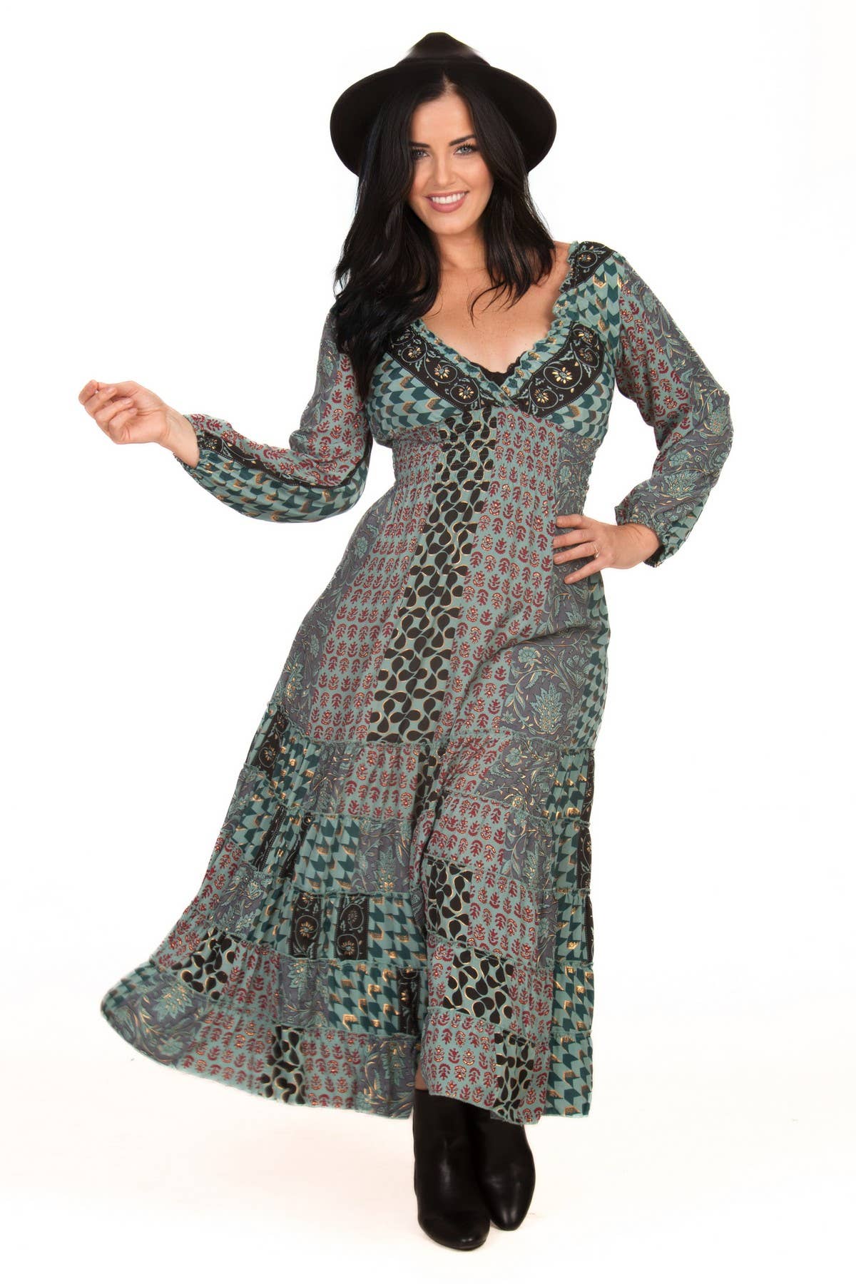 SILK GODDESS DRESS WITH LONG SLEEVES - TEAL