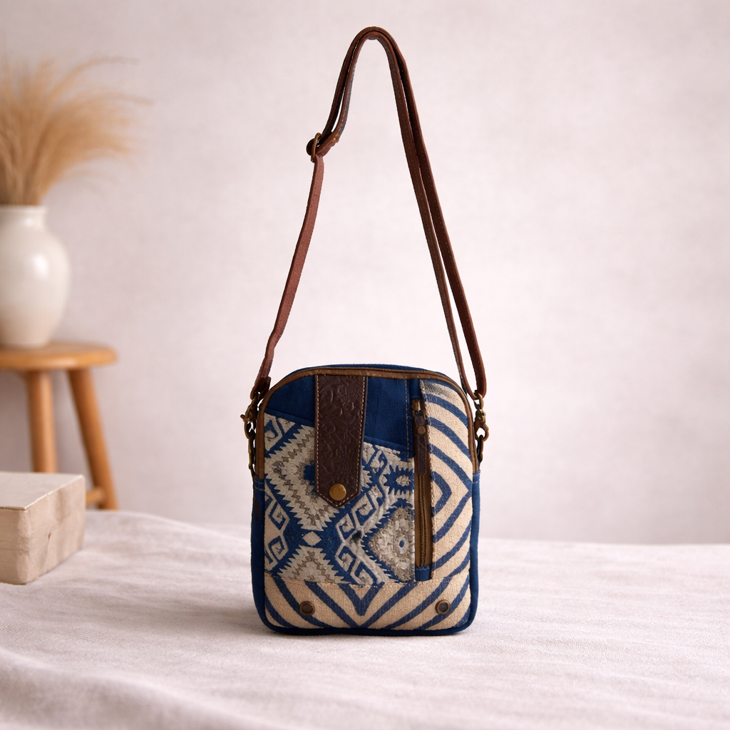 Dezy Upcycled Canvas & Leather Crossbody Bag Handmade
