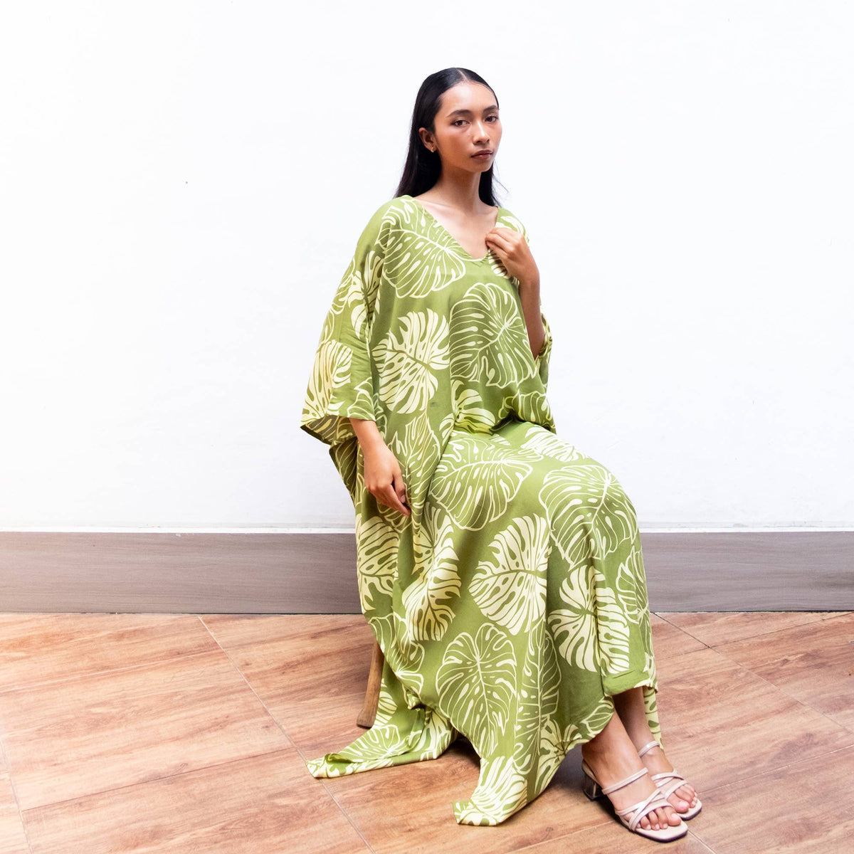 Block Print Kaftan Dress (Monstera Green) Resort Wear Lounge