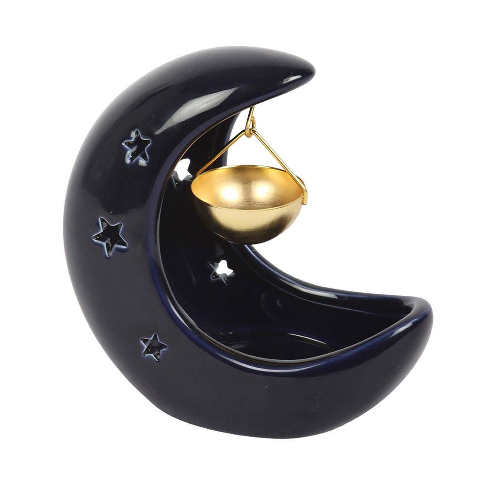 Blue Crescent Moon Hanging Ceramic Oil Burner with Metal Dis
