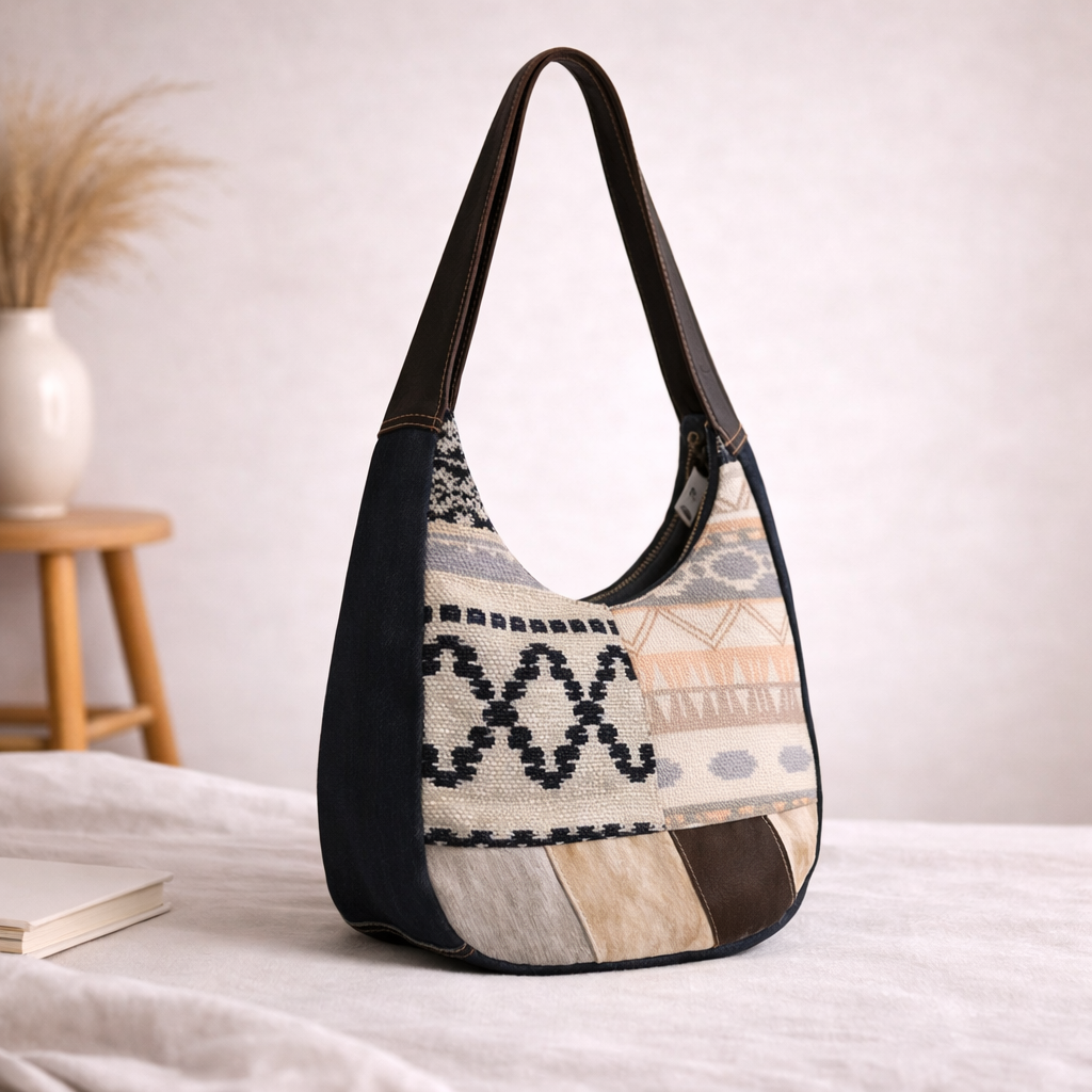 Bazo Upcycled Canvas Rug & Leather Shoulder Bag | Handmade